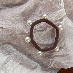 Coffee Hexagon Cloth Elastic Hair Accessories, Plastic Imitation Pearl Bead Hair Ties, for Girls or Women, Coffee, 50mm