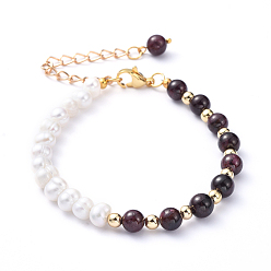Garnet Natural Pearl & Natural Garnet Beaded Bracelets, with Iron Chain Extender, 304 Stainless Steel Lobster Claw Clasps and Brass Beads, 7-1/4 inch(18.5cm)