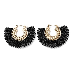 Noir Boucles d'oreilles créoles demi-rondes en perles de verre tissées, avec placage sous vide 304 broches en acier inoxydable, noir, 34x43x2mm