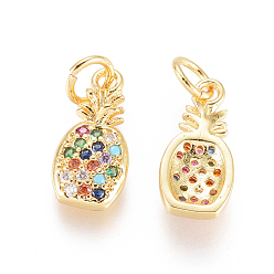Golden Brass Micro Pave Cubic Zirconia Pendants, with Jump Rings, Long-Lasting Plated, Pineapple, Colorful, Golden, 14x6.5x2.5mm, Hole: 3mm