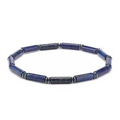 Lapis Lazuli Natural Lapis Lazuli(Dyed) Column & Synthetic Hematite Stretch Bracelet, Gemstone Jewelry for Men Women, Inner Diameter: 2-1/2 inch(6.2cm)