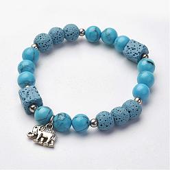 Natural Turquoise Natural Lava Rock Stretch Bracelets, with Natural Howlite and Alloy Elephant Charms, Round & Cube, 2-1/8 inch(55mm)