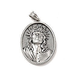 Antique Silver Tibetan Style 304 Stainless Steel Pendants, Religion, Oval with Man Pattern Charms, Antique Silver, 35.5x26x6mm, Hole: 5x7mm