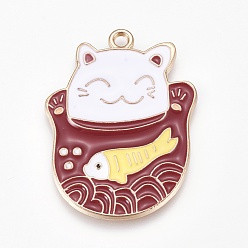 Brown Alloy Enamel Kitten Pendants, Maneki Neko/Beckoning Cat with Fish Shape, Golden, Brown, 37x27.5x1.5mm, Hole: 2.3mm