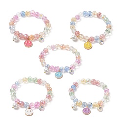 Mixed Color Bling Galss Round Beaded Stretch Bracelet, Alloy Enamel Smiling Face Charms Adjustable Bracelet for Kids, Mixed Color, Inner Diameter: 1-5/8 inch(4.2cm)
