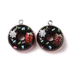 Black Opaque Resin Pendants, with Platinum Tone Iron Loops, Donut, Black, 25x22x13.5mm, Hole: 2mm