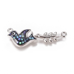 Platinum Brass Micro Pave Cubic Zirconia Links, with Abalone Shell/Paua Shell, Bird with Leaf, Platinum, 17x32x3.5mm, Hole: 1.4mm