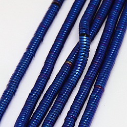 Plaqué Bleu Galvanoplastie non magnétiques hématite synthétique brins de perles, perles heishi, Plat rond / disque, aaaa grade, bleu plaqué, 4x1mm, Trou: 1mm, à propos de 350~357pcpcs/fil, 15.5 pouce