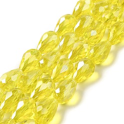 Yellow Electroplate Glass Beads Strands, AB Color Plated, Faceted Teardrop, Yellow, 15x10mm, Hole: 1mm, 50pcs/strand, 27.1 inch