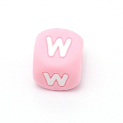 Letter W Силиконовые бусины с алфавитом для изготовления браслетов или ожерелий, стиль письма, розовый куб, буква.w, 12x12x12 мм, отверстие : 3 мм
