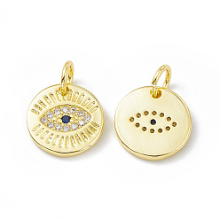 Real 18K Gold Plated Rack Plating Brass Micro Pave Cubic Zirconia Charms, Long-Lasting Plated, Lead Free & Cadmium Free, with Jump Ring, Flat Round with Evil Eye Charm, Real 18K Gold Plated, 11x11x2mm, Hole: 3mm