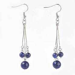 Lapis Lazuli Natural Lapis Lazuli Dangle Earrings, with 304 Stainless Steel Earring Hooks and Iron Eye Pins, Round, 77~78mm, Pendant: 57~58mm, Pin: 0.6mm