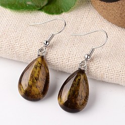 Tiger Eye Natural Tiger Eye Teardrop Dangle Earrings, with Platinum Plated Brass Findings, 41mm, Pin: 0.7mm