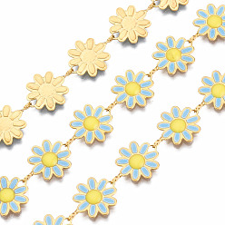 Cornflower Blue 304 Stainless Steel & Enamel Link Chains, with Spool, Unwelded, Real 16K Gold Plated, Nickel Free, Flower, Cornflower Blue, 13.5x10x1mm, about 16.4 Feet(5m)/roll