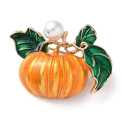 Orange Autumn Pumpkin Enamel Pins, Alloy Brooch, with Plastic Imitation Pearl, Orange, 28.5x39.5x13mm