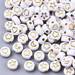 White Opaque Acrylic Beads, Flat Round with Mixed Patterns, Golden Plated, White, 7x4mm, Hole: 1.6mm, about 3700pc/500g