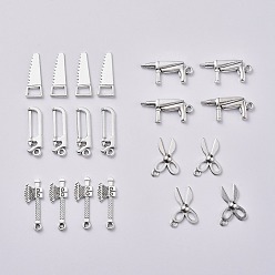 Antique Silver Mixed Tools Metal Charms Tibetan Style Alloy Pendants, Saw & Axe & Saw & Scissor & Drill, for DIY Jewelry Making and Crafting, Antique Silver, 20pcs/set
