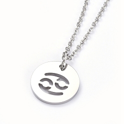 Cancer 304 Stainless Steel Pendant Necklaces, with Cable Chains and Lobster Claw Clasps, Flat Round with Twelve Constellations, Stainless Steel Color, Cancer, 17.7 inch(45cm), 2mm