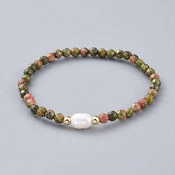 Unakita Unakite perlas naturales brazalete tramo, con cuentas de latón y perlas naturales, 2-1/2 pulgada (6.4 cm)