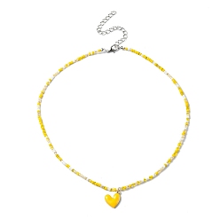 Yellow Alloy Enamel Heart Charm Necklace, Glass Seed Beaded Necklace for Women, Yellow, 17.13 inch(43.5cm)