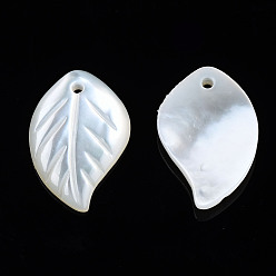 Coquillage Blanc Pendentifs naturelles de coquillages blancs, feuille, 15~16x9~10x2mm, Trou: 1mm