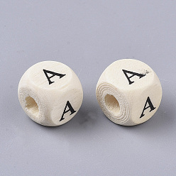Letter A Printed Natural Wood Beads, Horizontal Hole, Cube with Initial Letter, PapayaWhip, Letter.A, 10x10x10mm, Hole: 3.5mm, about 1000pcs/500g