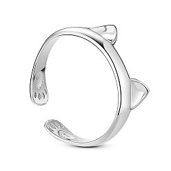 Clear SHEGRACE Cute Design Rhodium Plated 925 Sterling Silver Ring, Cuff Rings, Open Rings, with Cat Ears, Platinum, Clear, 17mm