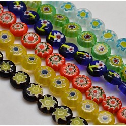 Color mezclado Vidrio millefiori artesanal planas hebras de perlas redondas, diseño de una sola flor, color mezclado, 8x4 mm, agujero: 1 mm, sobre 53 unidades / cadena, 14.7 pulgada