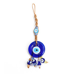 Royal Blue Flat Round with Evil Eye Glass Pendant Decorations, Tassel Hemp Rope Hanging Ornament, Royal Blue, 125mm