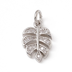 Platinum Brass Micro Pave Clear Cubic Zirconia Leaf Charms, with Open Jump Rings, Platinum, 13x8.2x1.5mm, Jump Ring: 4.5x0.7mm, Inner Diameter: 3mm 