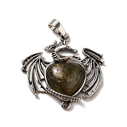 Labradorite Natural Labradorite Heart Pendants, Dragon Charms, with Rack Plating Antique Silver Plated Brass Findings, Lead Free & Cadmium Free, 33x33.5~34x7~7.5mm, Hole: 8x5mm