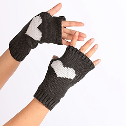 Gray Polyacrylonitrile Fiber Yarn Knitting Fingerless Gloves, Two Tone Winter Warm Gloves with Thumb Hole, Heart Pattern, Gray & White, 190x70mm