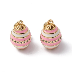 Pink Rack Plating Brass Enamel Pendants, with Cubic Zirconia, Oval Charm, with Jump Ring, Long-Lasting Plated, Real 18K Gold Plated, Pink, 21x13mm, Jump Ring: 6x1mm, inner diameter: 4mm.