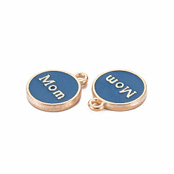Marine Blue Alloy Enamel Charms, Cadmium Free & Lead Free, Light Gold, Flat Round with Mom, Marine Blue, 14.5x12x2mm, Hole: 1.4mm