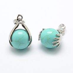 Natural Turquoise Gemstone Pendants, with Brass Findings and Natural  Turquoise, Round, Platinum, 27x18mm, Hole: 4x6mm