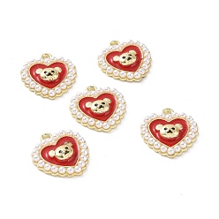 Red Alloy Enamel Pendants, with ABS Plastic Imitation Pearl, Cadmium Free & Lead Free, Light Gold, Heart with Bear, Red, 17x16x4mm, Hole: 1.6mm