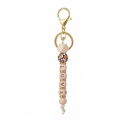 Golden LOVE Wooden Beaded Pendant Keychain, with Alloy Lobster Claw Clasp, Cube & Round & Octagon, Golden, 17cm