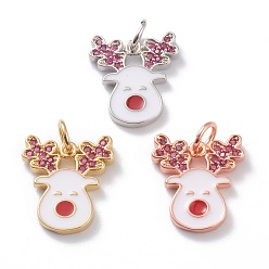 Mixed Color Brass Micro Pave Cerise Cubic Zirconia Pendants, with White Enamel & Jump Rings, Long-Lasting Plated, For Christmas, Reindeer/Stag, Mixed Color, 15x13x1.5mm, Hole: 3mm, Jump Ring: 5x1mm