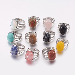 Mixed Stone Natural & Synthetic Gemstone Wide Band Finger Rings, with Brass Ring Findings, Oval, 18mm