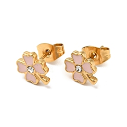 Pink Enamel Clover with Crystal Rhinestone Stud Earrings with 316 Surgical Stainless Steel Pins, Gold Plated 304 Stainless Steel Jewelry for Women, Pink, 8.5x7mm, Pin: 0.8mm
