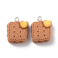 Chocolate Resin Pendants, with Platinum Iron Peg Bail, Imitation Food, Cookies with Heart, Chocolate, 23x17.5x9mm, Hole: 2mm