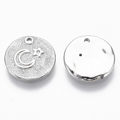 Real Platinum Plated Brass Micro Pave Cubic Zirconia Charms, Nickel Free, Flat Round with Moon & Star, Clear, Real Platinum Plated, 12.5x2mm, Hole: 1.2mm