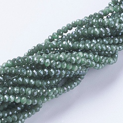 Dark Green Electroplate Glass Beads Strands, Pearl Luster Plated, Faceted, Rondelle, Dark Green, 3x2mm, Hole: 0.8~1mm, about 185~190pcs/strand, 15.5~16 inch(39.3~40.6cm)