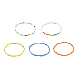 Mixed Color 5Pcs 5 Style Glass Seed & Brass Beaded Stretch Bracelets Set for Women, Mixed Color, Inner Diameter: 2-1/4 inch(5.7cm), 1Pc/style