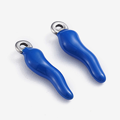 Blue 304 Stainless Steel Pendants, Enamelled Sequins, Horn of Plenty/Italian Horn Cornicello Charms, Stainless Steel Color, Blue, 17.5x4.5x3.5mm, Hole: 1mm