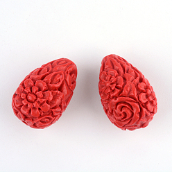 Brique Rouge Perles de cinabre de fleurs sculptées, larme, firebrick, 20.5x13.5x13.5mm, Trou: 2mm