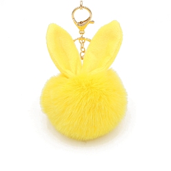 Yellow Easter Rabbit Faux Fluffy Ball Pendant Keychains, with Alloy Finding, Yellow, 90~100mm