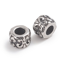 Antique Silver 304 Stainless Steel Beads, Large Hole Beads, Column with Fleur De Lis, Antique Silver, 9x6.5mm, Hole: 4.5mm