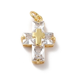 Clear Rack Plating Brass Micro Pave Cubic Zirconia Pendants, Cadmium Free & Lead Free, Real 18K Gold Plated, Cross, Clear, 21.5x14x5.5mm, Hole: 3mm