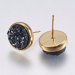 Prussian Blue Druzy Resin Earrings, with Brass Finding, Flat Round, Prussian Blue, 9.5x16~16.5mm, Pin: 0.8mm
